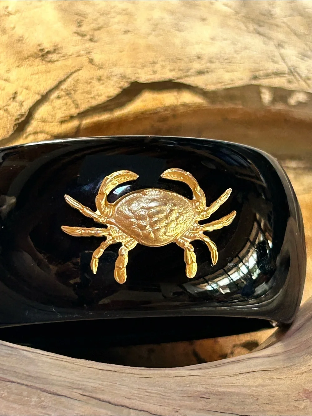 Rare Black Resin Bracelet with Gold Crab Accent Nautical Appeal - Cancer Zodiac